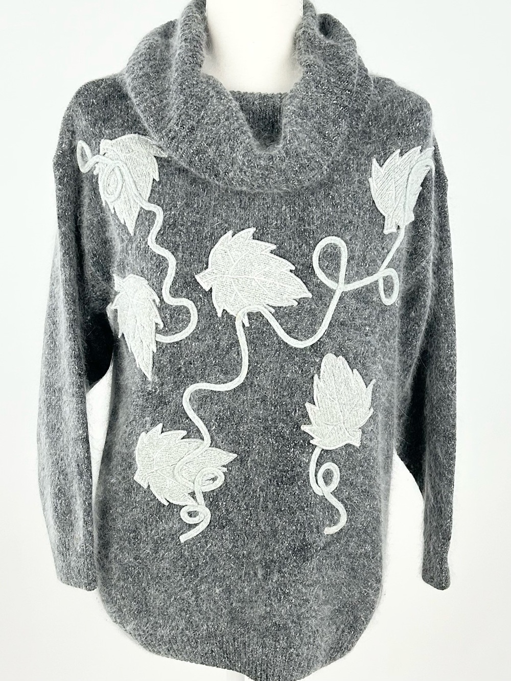 Vintage Private Party Silk Angora Sweater Small Embroidered Leaf Cowl Neck